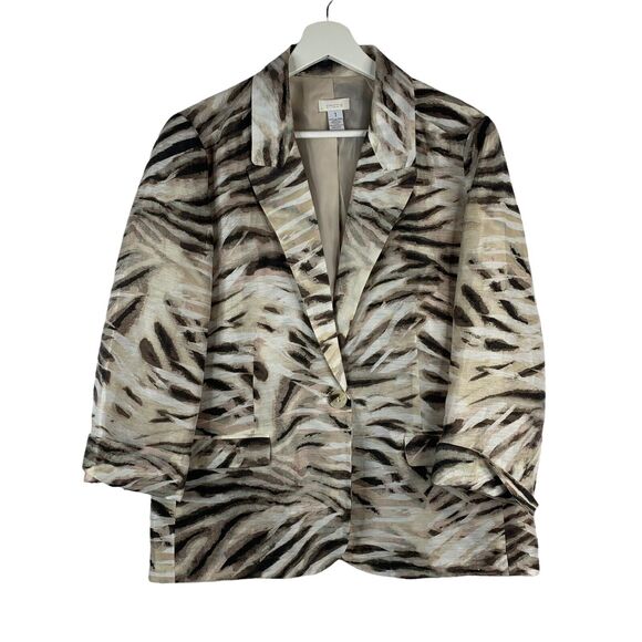 Chico’s Size 1 M Blazer Linen Blend Animal Print Long Sleeve Neutral Jacket Tan - Picture 1 of 9